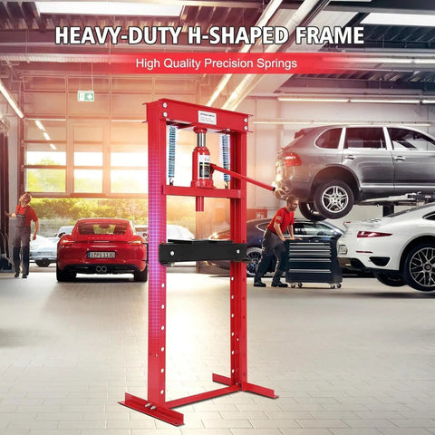 12 Ton Hydraulic Shop Press H Frame With Movable Plates And Adjustable Height Heavy Duty Bearing And Bushing Press in garage