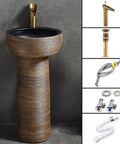 Built Tough Ceramic Bathroom Vessel Sink And Pedestal Combo With Faucet Drain Kit For Indoor Outdoor Space, artisan handmade with unique texture.