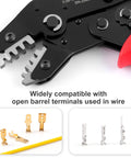 Ratcheting Wire Crimp Tool For JST Dupont And Molex Terminals With Precision Dies and Automatic Release close-up with terminals.