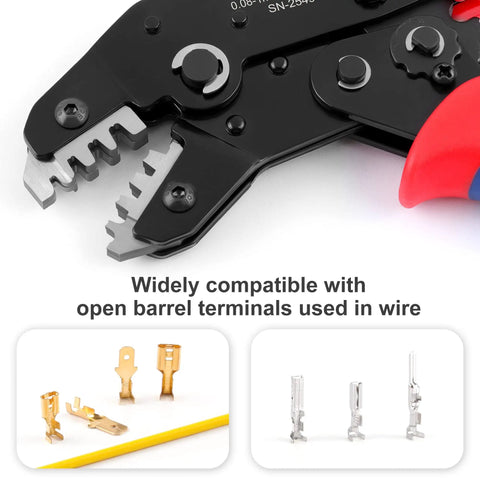Ratcheting Wire Crimp Tool For JST Dupont And Molex Terminals With Precision Dies and Automatic Release close-up with terminals.