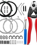 Pro Grade All In One Bike Cable Kit With Stainless Steel Cable Cutter Brake And Shifter Cables Housing Set End Caps Copper Sleeves And ORings For MTB And Road Bikes Repair Easy Upgrade kit displayed with components.