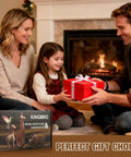 Family exchanging gift by fireplace with Starter Wood Carving Kit For Beginners And Kids, 20 Piece Set box visible.