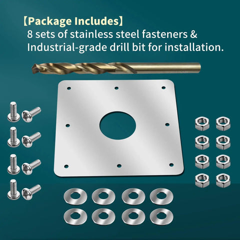 Components of Upgraded RT0 Water Return Repair Kit For Rusty Pool Walls with fasteners and drill bit.
