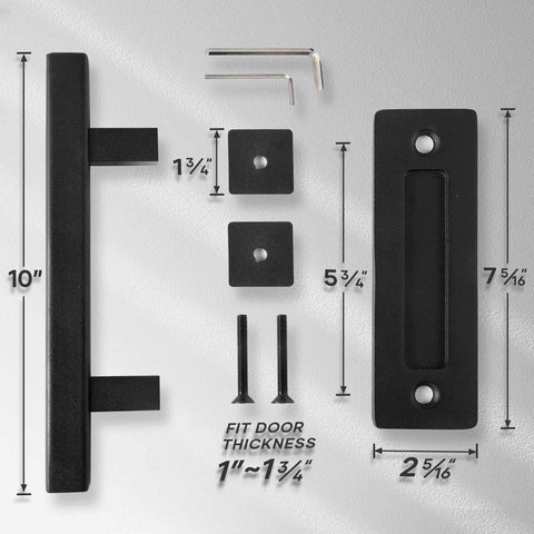 10 Inch Sliding Barn Door Pull Handle Set With Flush Hardware, Double Sided, Heavy Duty Square Design, Matte Black Powder Coated Finish