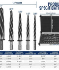 Five-piece M2 HSS taper chucking reamer set (3/8, 1/2, 5/8, 3/4, 1 in) in metal case