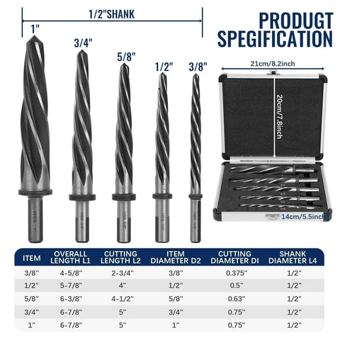 Five-piece M2 HSS taper chucking reamer set (3/8, 1/2, 5/8, 3/4, 1 in) in metal case