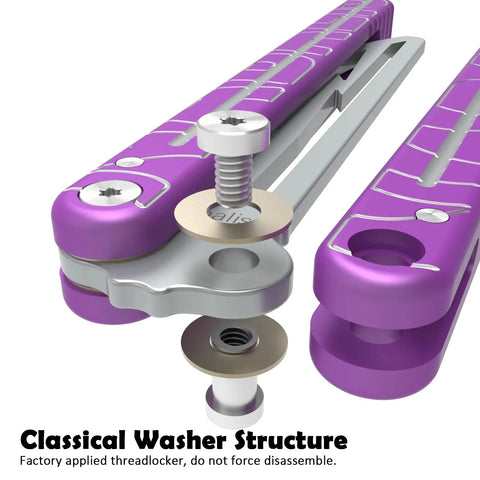 Close-up of Lightning Washer System Butterfly Balisong Trainer with purple 6061 aluminum handle and washer structure.
