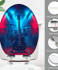 Elongated Toilet Seat Resin for Man Cave featuring a guitar and drum set design, measuring 14.5" x 18.5" with stainless steel hinges.