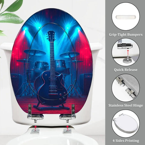 Elongated Toilet Seat Resin for Man Cave featuring a guitar and drum set design, measuring 14.5" x 18.5" with stainless steel hinges.