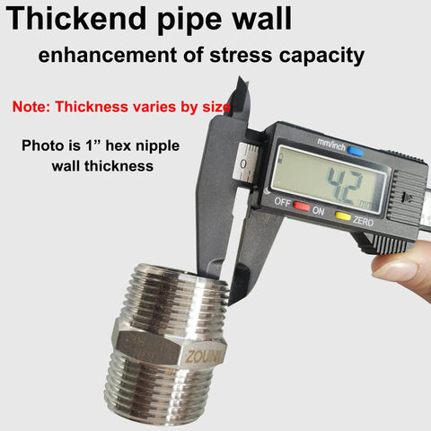 Caliper measuring 1-inch hex nipple wall for Four Pack 1/2 Inch Stainless Steel Nipple Fittings, rust-proof durable design.