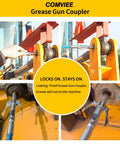 COMVIEE grease gun coupler with double-handle quick-lock release, 1/8 in NPT, metallic finish.