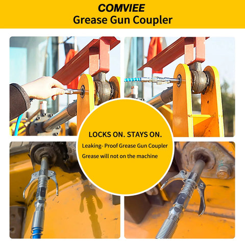 COMVIEE grease gun coupler with double-handle quick-lock release, 1/8 in NPT, metallic finish.