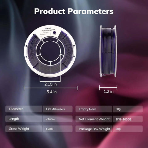 PETG 1.75mm Filament Bundle Four 250g Spools Translucent Multicolor Black Purple Red Orange Dope Print product parameters