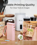 Label Maker With Tape Pack P21 Bluetooth Printer Wireless Slick Mini Label Maker With 3 Tapes And Case, pink, on kitchen counter.