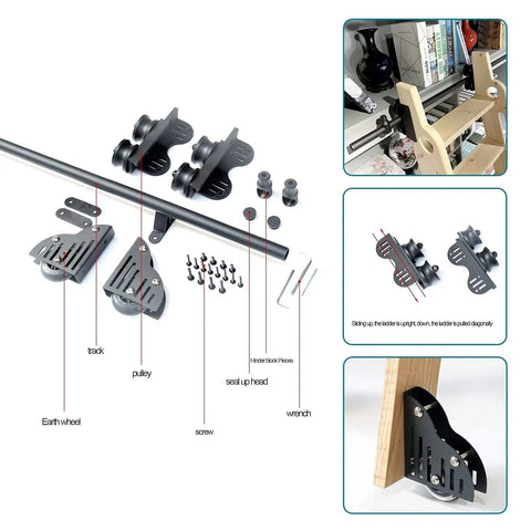 Tough As Nails Sliding Barn Door Hardware Kit With Ridiculously Smooth Rolling Steel Tube Rail And Heavy Duty Floor Casters For Indoor Loft Home Makeover parts layout showing track, pulleys, and hardware components.