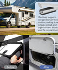 Heavy Duty Stainless Steel RV Compartment Door Latch 3 Pack installed on motorhome, showing secure latch functionality and open door position.