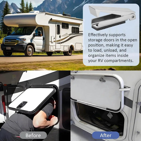 Heavy Duty Stainless Steel RV Compartment Door Latch 3 Pack installed on motorhome, showing secure latch functionality and open door position.