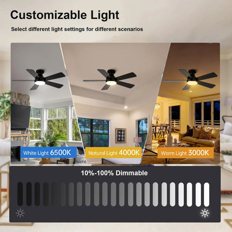 Ceiling Fans With Lights 42 Inch Low Profile Flush Mount With Remote Control Quiet Five Blade Reversible 3CCT Dimmable LED Lighting Sleek Black with different light settings