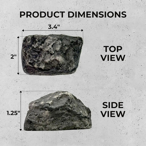 Dimensions of hide a spare key in plain sight with this real looking rock key holder for gardens or lawns, top and side view.