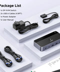 8K 60Hz DisplayPort KVM Switch For Two Monitors And Two Rigs Aluminum Build Plug And Play Share Keyboard Mouse And Four USB 3 0 Devices Extend Or Mirror Modes package with switch, cables, adapter, manual