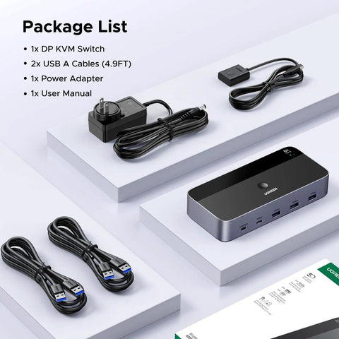 8K 60Hz DisplayPort KVM Switch For Two Monitors And Two Rigs Aluminum Build Plug And Play Share Keyboard Mouse And Four USB 3 0 Devices Extend Or Mirror Modes package with switch, cables, adapter, manual