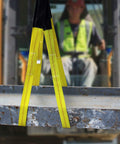 Two yellow nylon lift sling straps, 6.5 ft by 2 in, flat-eye ends, 13,000 lb capacity, heavy-duty web slings
