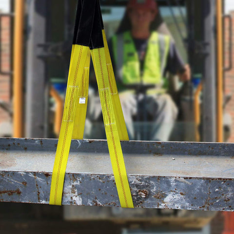 Two yellow nylon lift sling straps, 6.5 ft by 2 in, flat-eye ends, 13,000 lb capacity, heavy-duty web slings