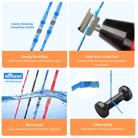 All-in-One Heat Shrink Solder Seal Wire Connectors Kit With Wire Stripper And Heat Gun, 2000Pcs Waterproof Solder Stick Butt Connectors, Pro-Grade Electrical Wiring Kit For Marine And Automotive Projects showing connectors, heat gun use, and waterproof testing.