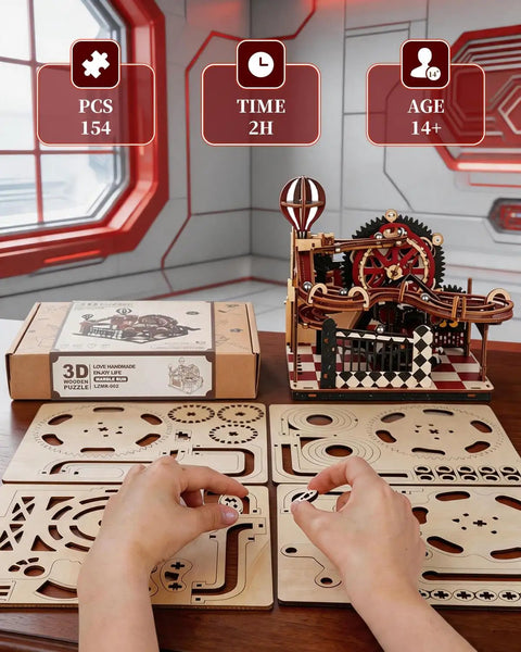 3D Marble Run Puzzle Kit For Adults, Fantasy Land Wooden Mechanical Model Building Set, Gear Ball DIY Kit, Mind Blowing Marble Track For Home Decor, Challenging Yet Satisfying Puzzle Gift Idea, 154 pcs wooden parts