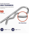R Shaped Heavy Duty Cotter Pin Kit, 50 Pcs Zinc Plated Alloy Steel Pins In 6 Sizes shown with close-up on thickness.