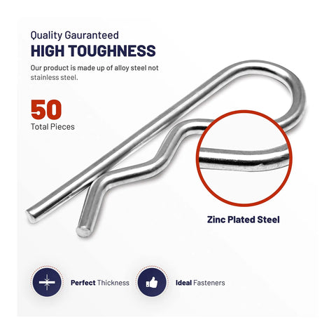 R Shaped Heavy Duty Cotter Pin Kit, 50 Pcs Zinc Plated Alloy Steel Pins In 6 Sizes shown with close-up on thickness.