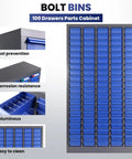 100 Drawer Parts Cabinet With Nut And Bolt Organizer featuring blue ABS material drawers and steel frame, shown front view.