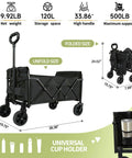 Heavy Duty Foldable Wagon Cart With All Terrain Wheels, sturdy metal frame, folded and unfolded view, compact black design