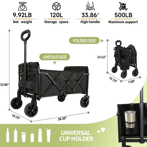 Heavy Duty Foldable Wagon Cart With All Terrain Wheels, sturdy metal frame, folded and unfolded view, compact black design