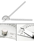 Heavy Duty Stainless Steel Angle Protractor With Two Smooth Sliding Arms For No Sweat Adjustments Built For Serious Woodworking And Machinist Layout Work Featuring Dual Metric And Imperial Scale With Laser Etched Markings For Top Shelf Accuracy On Any - shows adjustable protractor with clear markings