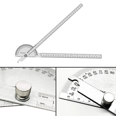Heavy Duty Stainless Steel Angle Protractor With Two Smooth Sliding Arms For No Sweat Adjustments Built For Serious Woodworking And Machinist Layout Work Featuring Dual Metric And Imperial Scale With Laser Etched Markings For Top Shelf Accuracy On Any - shows adjustable protractor with clear markings