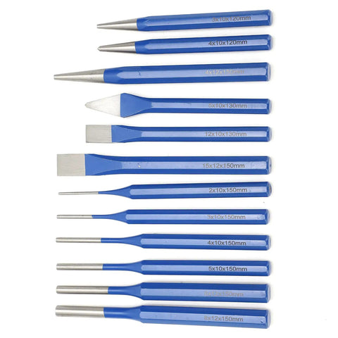 Professional Heavy Duty 12 Piece Chisel Punch Kit Perfect For Metalworking Wood Carving And Construction Projects Made With High Quality Chrome Vanadium Steel Blue Plastic Storage Box Included, 12 blue steel chisels