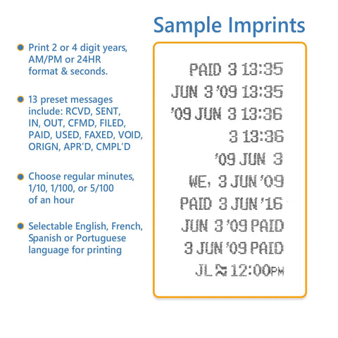 Sample imprints from Boss Level Time Clock And Document Stamp Combo For Payroll And Project Tracking Charcoal Gray Employee Punch In Device.
