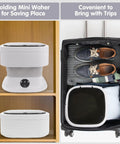Collapsible Portable Washer With Fast Spin Cycle And 20L Capacity Built For Dorms Apartments Road Trippin Or Tailgate Gear Easy Snap Fold Design For Lazy Sundays Gray stored compactly on a shelf and inside a suitcase.