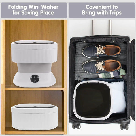 Collapsible Portable Washer With Fast Spin Cycle And 20L Capacity Built For Dorms Apartments Road Trippin Or Tailgate Gear Easy Snap Fold Design For Lazy Sundays Gray stored compactly on a shelf and inside a suitcase.