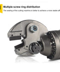 Close-up of Electric Rebar Cutter Handheld Hydraulic Cut Off Machine with screw ring distribution and steel cutting head.