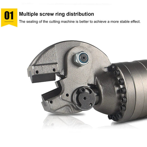 Close-up of Electric Rebar Cutter Handheld Hydraulic Cut Off Machine with screw ring distribution and steel cutting head.