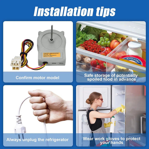 Installation tips for Refrigerator Evaporator Fan Motor Assembly For LG And Kenmore featuring safety guidelines and model confirmation.