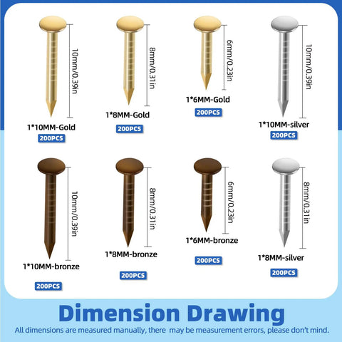 1600Pcs Tiny Nails Kit With 1x6mm 1x8mm 1x10mm Wooden Nails In Gold Silver Bronze, DIY Hardware Fixes; nail dimensions