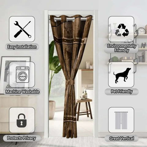 Rustic Barn Wood Door Curtains For Doorways With Grommets And Thermal Insulation Cozy Privacy Blackout Curtain For Kids Bedroom And Closet Room Divider 34W X 80L shown in doorway with icons for features.