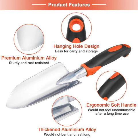 Heavy Duty Garden Tools Set 3 Piece With Ergonomic Handles Shovel Transplant Trowel And Hand Rake Aluminum Alloy Orange For Planting