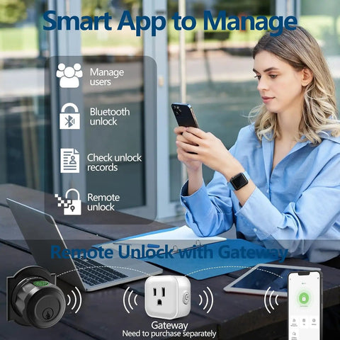 Woman using smartphone to manage Slick Biometric Fingerprint Deadbolt Lock For Front Door with app features displayed.