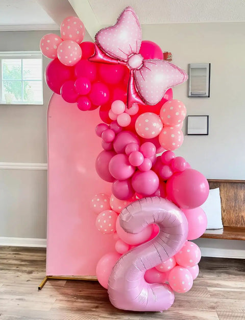 Insta Worthy Pink Mouse Balloon Garland Arch Kit, 124-Piece Set With Hot Pink, Pastel Pink, Polka Dot Balloons And An Oversized Bow, Perfect For Girl Birthday Parties, Baby Showers, And Cute Mouse Theme Decor.