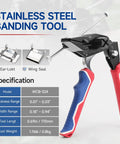 Rugged Steel Strapping Banding Tool Featuring A Quick Pull Tensioner And Inline Cutter For Wrapping Cargo with specifications shown.
