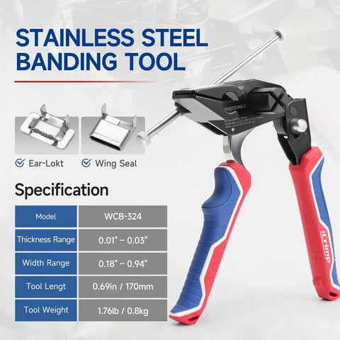 Rugged Steel Strapping Banding Tool Featuring A Quick Pull Tensioner And Inline Cutter For Wrapping Cargo with specifications shown.